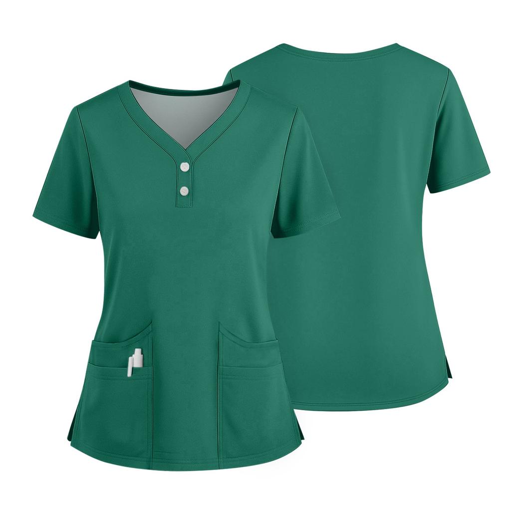 Women's Short Sleeved Solid Color V-neck Buttonable Side Slit Top T-shirt