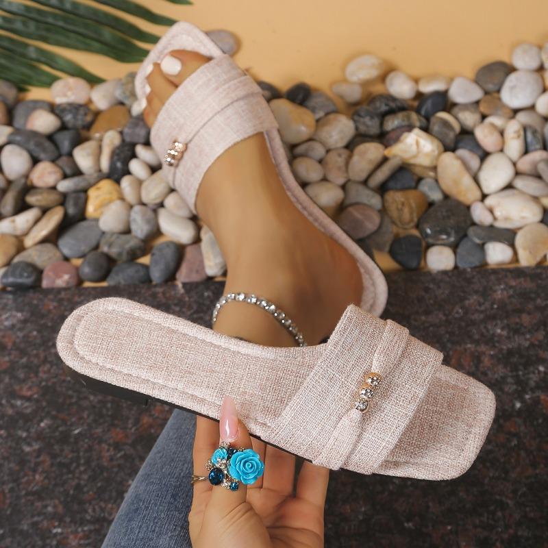 Fashion 2025 Summer Plus Size Women's Slippers Hot Sale Square Toe String Bead Flat with Sandals Outdoor Daily Casual Open Toe Slippers