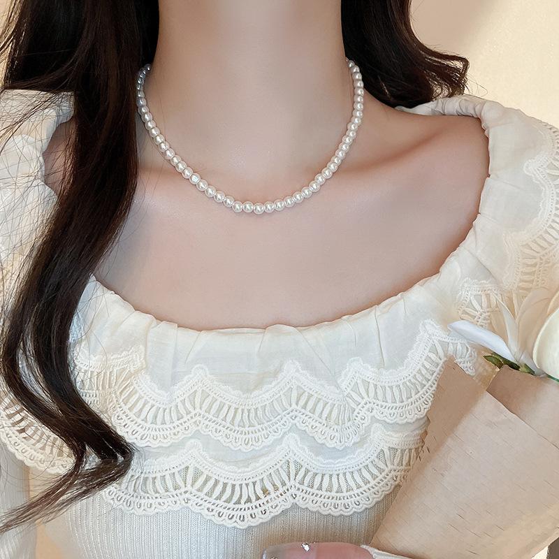 French Long Stacked Colored Pearl Necklace, Simple Temperament Collarbone Chain, Retro Necklace for Women