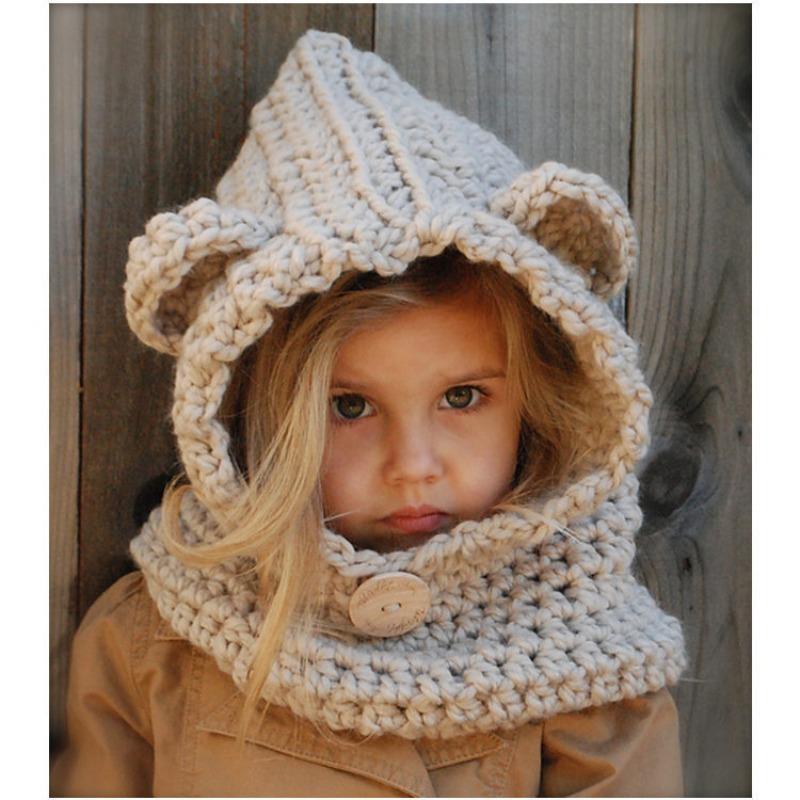 eBay Hot Sale Handmade Crochet Hat Children's Animal Ears Wool Hat Scarf Hooded Bear Hat