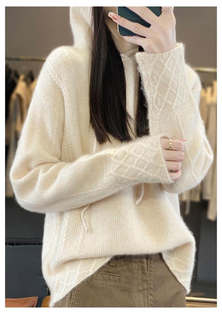 2024 Autumn/Winter Women's Pure Wool Hooded Knit Pullover - College Style Sweater