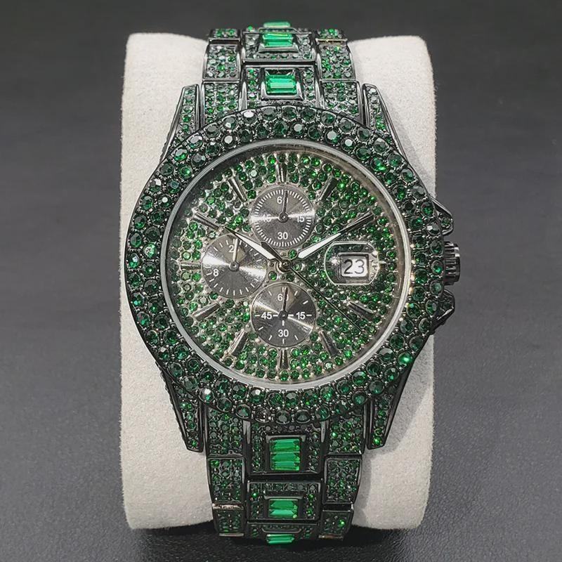 MISSFOX Nové zelené diamantové hodinky pro muže Luxusní Hip Hop diamantové hodinky Jedinečné Bling Ice Out Svítící vodotěsné hodinky