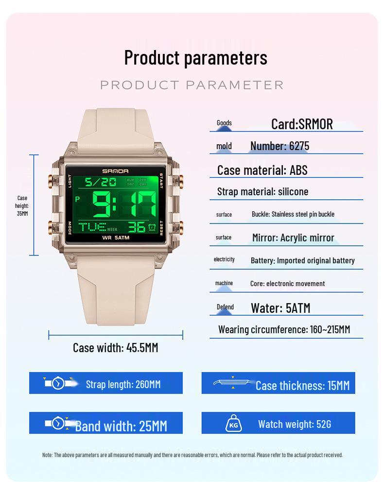 Sanda Waterproof Luminous Sports Watch: Square, Transparent Timer for Students