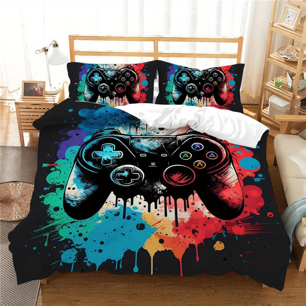 3-Piece Game Controller Duvet Cover Set Cartoon Gaming Print  Breathable All-Season Comfort  1 Duvet Cover 2 Pillowcases