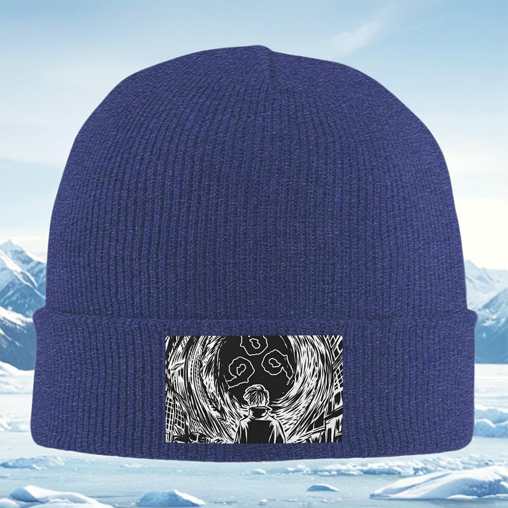 Figure swirling black shapes circles white. Men Women Unisex Knitted Hat Beanie Pullover Cap Winter Thermal Warm Christmas Outdo