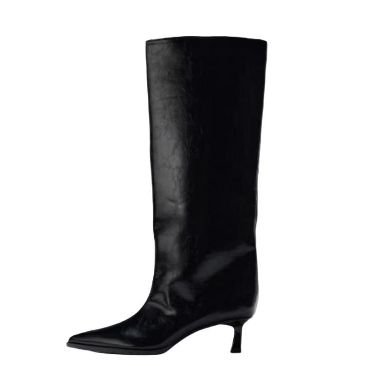Zara Pu Simple Versatile Wide Calf Pointed Toe Kitten Heel Knee High Boots 5cm Women Boots Black 13016410