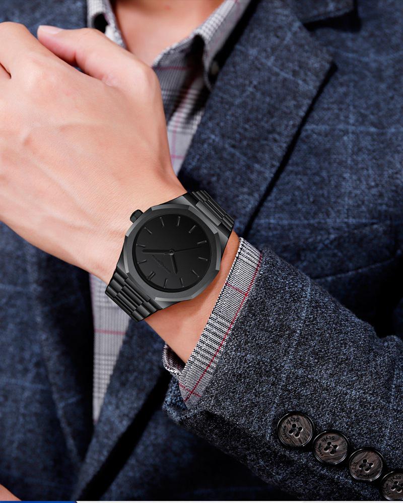 Hannah Martin Black Waterproof Watch with Japanese Miyota Movement and Polygonal Stainless Steel Bracelet.