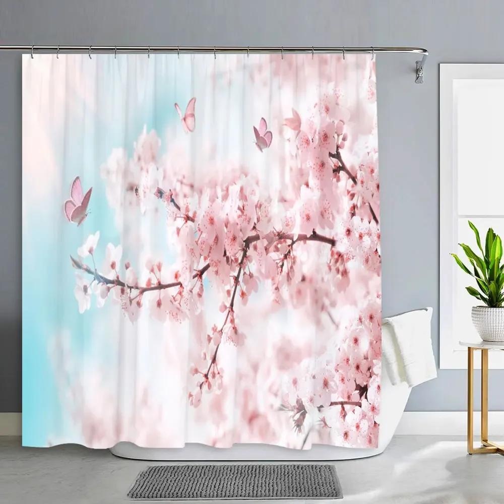 Popular Spring Flower Plant Shower Curtain Pink Cherry Blossom Flowers Butterfly Plant Landscape Bath Curtain Art Bathroom Decor