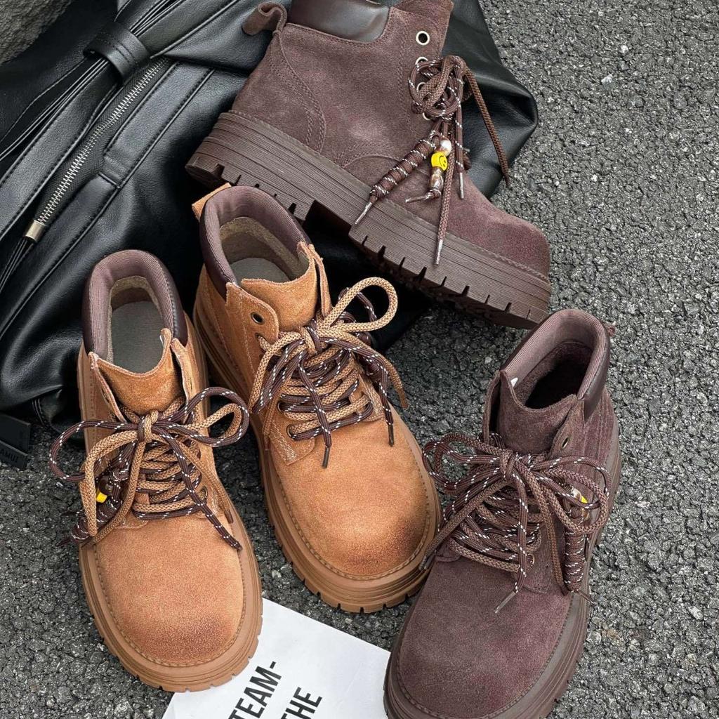 2025 autumn new leather platform heightening Martin boots British style lace-up big head retro cool tooling shoes