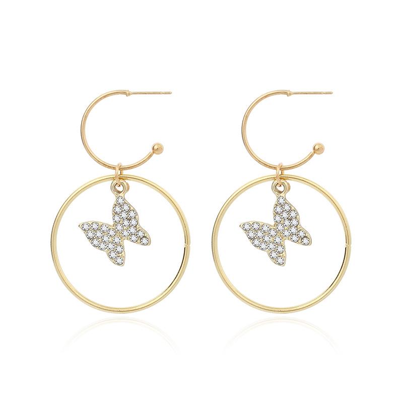 

European and American niche light luxury diamond-encrusted geometric large circle earrings ins cold wind butterfly pendant rhinestone earrings золотий