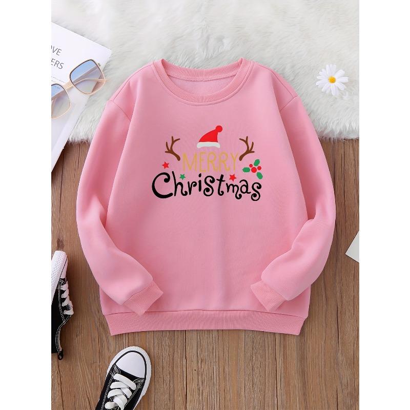 Girl's Cute ''Christmas'' Graphic Crew Neck Sweatshirt Comfy Loose Tops, Fall/Spring Sweater For Sports, Party, Gift