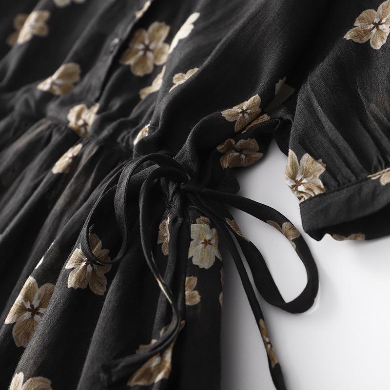 Light and breathable printed cotton and linen dress for women's 2025 summer new floral light luxury short-sleeved temperament medium and long dress