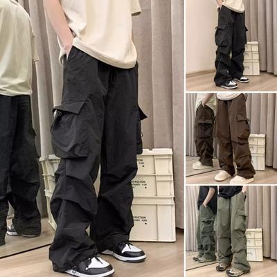 Men Cargo Pants Multi Pockets Solid Color Loose Deep Crotch High Street Hip Hop Elasic Waist Full Length Men Long Trousers