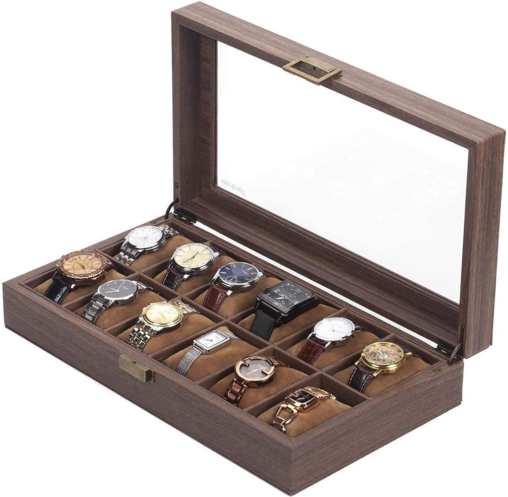 Reodoeer Wood Grain PU Watch Storage Watch Storage Collection Watch Box with Glass Holds 12 Watches Case, Box, Case, Top,