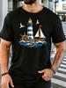 Nuova T-shirt Nera Unisex Girocollo Stampa Artistica Faro Mare Vela Ancora Vestibilità Larga Estiva Street Casual Base Quotidiana Manica Corta