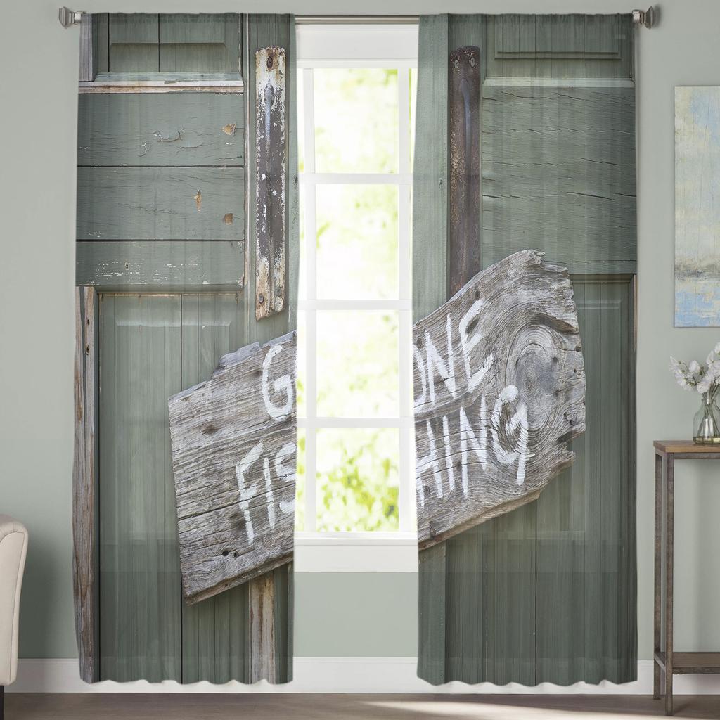 Retro Wooden Door Handle Fishing Close Sheer Curtains for Living Room Modern Voile Curtain Bedroom Tulle Curtains Window Drapes