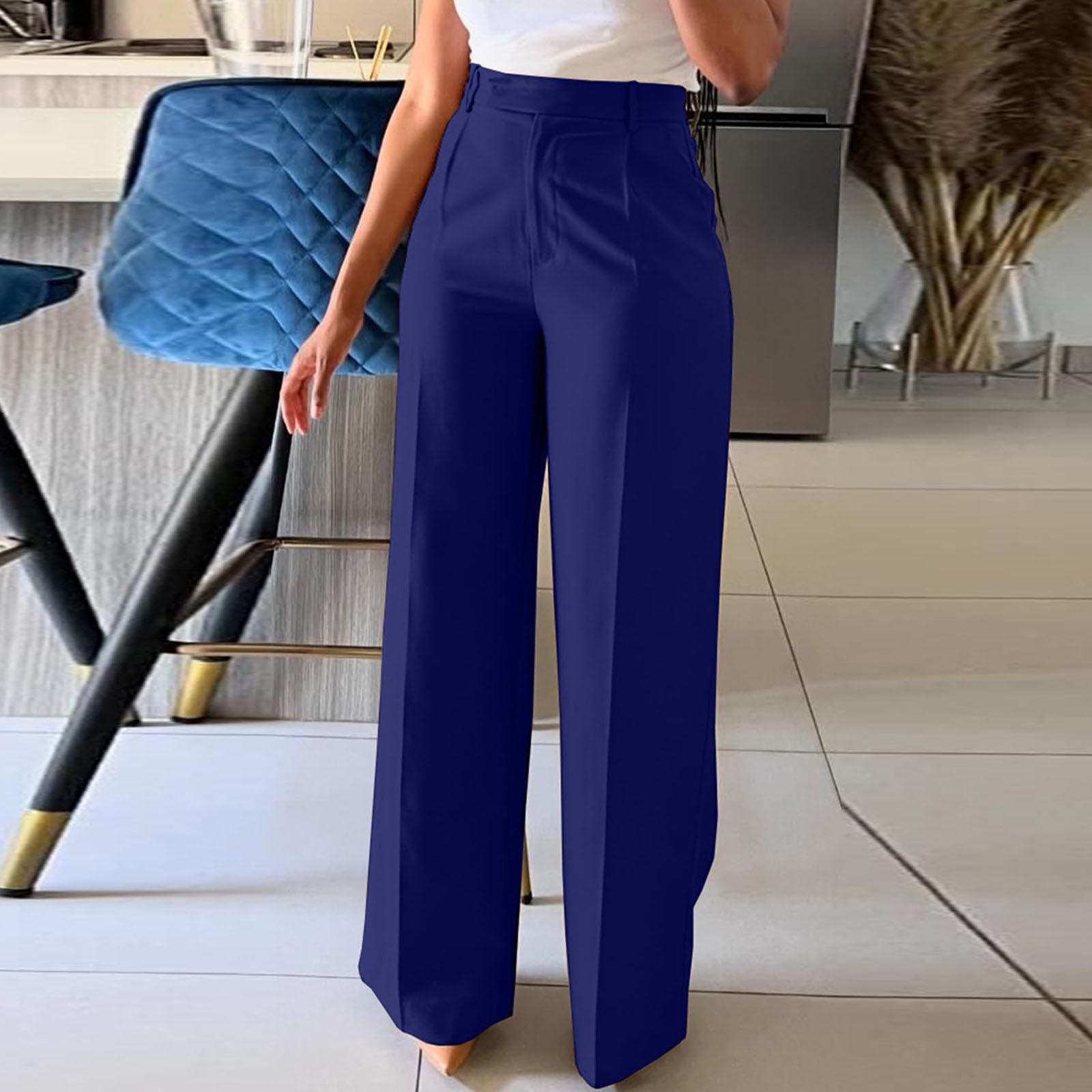 

Высокая талия Драпированные Прямые Широкие Штаны Повседневные Официальные Брюки Для Женщин XL синий