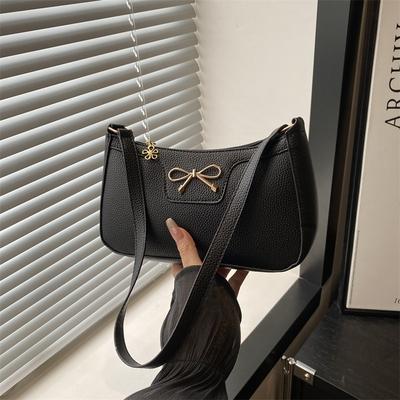 Solid Color Fashion Bow New Trendy Texture Commuting Shoulder Underarm Baguette Bag Women