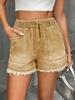 Women's Elastic Drawstring Mid Rise Straight Denim Shorts Non Stretch Frayed Hem Washed Casual Bermuda Shorts