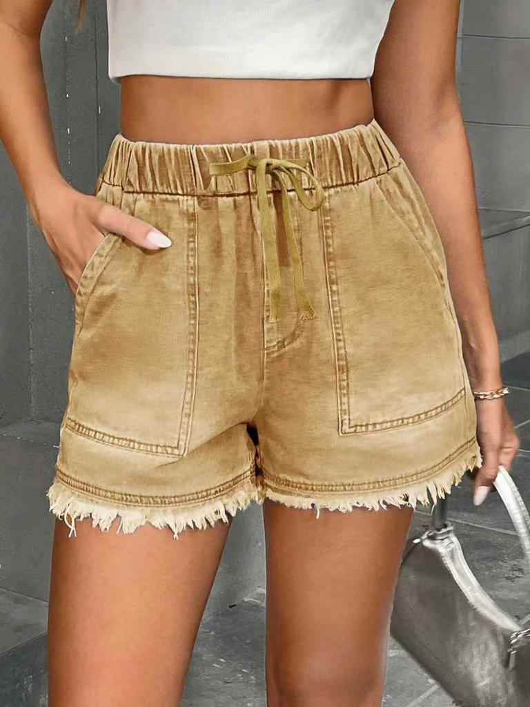 Women's Elastic Drawstring Mid Rise Straight Denim Shorts Non Stretch Frayed Hem Washed Casual Bermuda Shorts