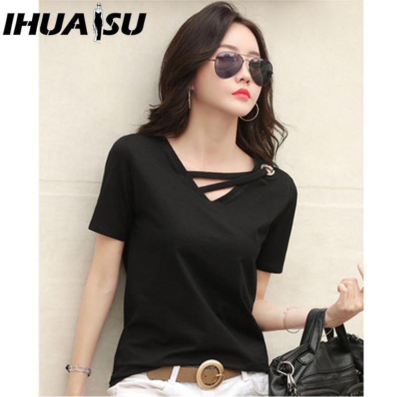 

IHUASU Женская Мода Повседневные Однотонные Принтованные Блузки и Рубашки с Коротким Рукавом и V-образным Вырезом M чёрный