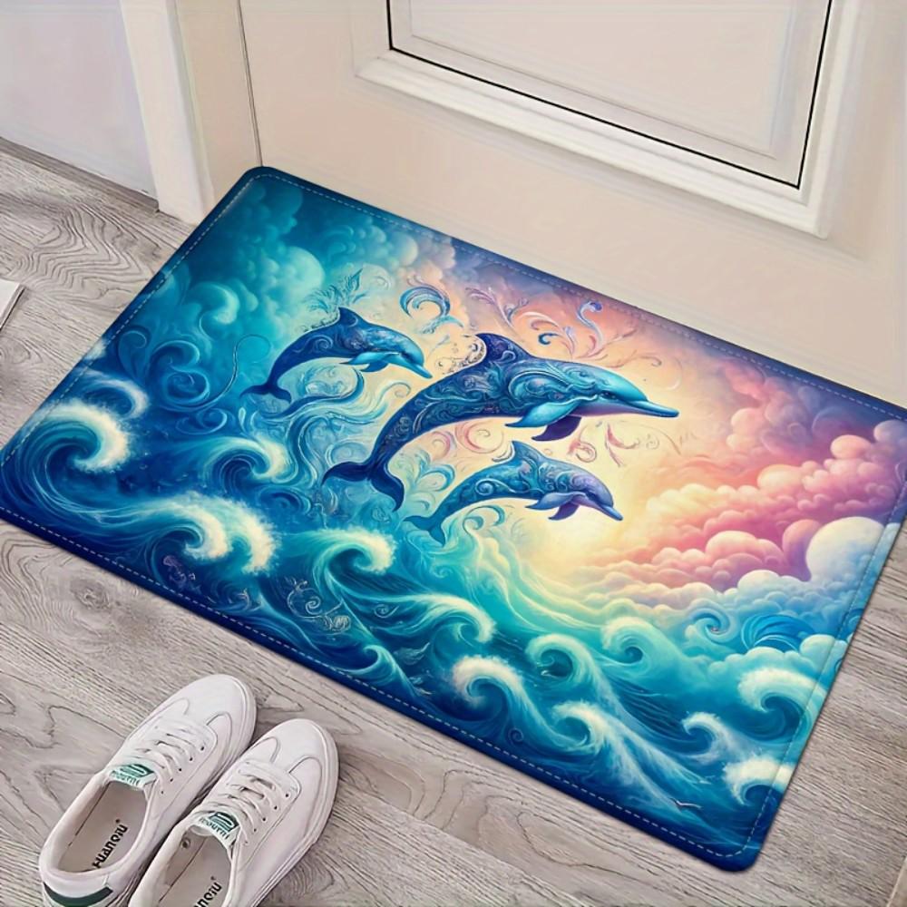 Blue Dolphin Doormat, Non-Slip Absorbent Bath Mat, Washable Office Welcome Rug, Polyester Machine-Woven