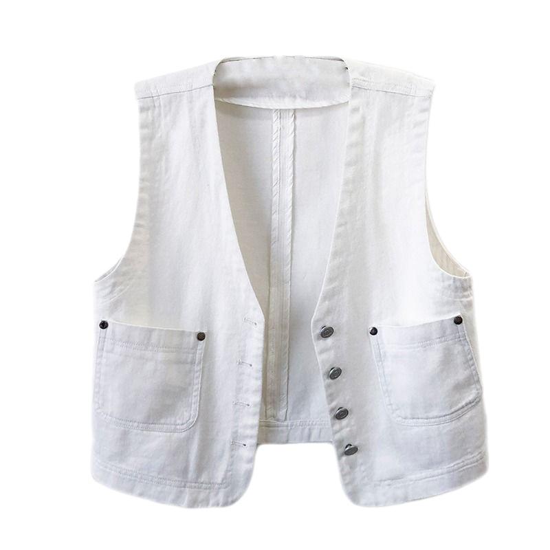 Women's Simple Casual White Denim Sleeveless Vest Jacket for Spring/Summer