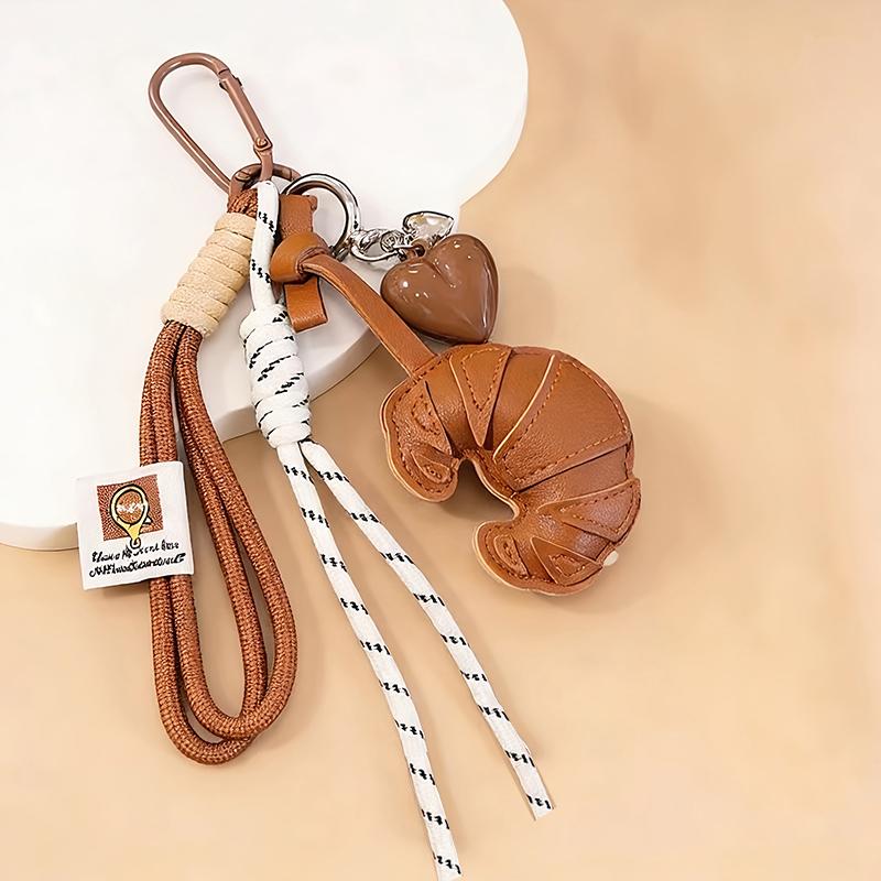 Yogodlns New Braided Rope Croissant Bag Pendant Bread Shape PU Leather Mobile Phone Lanyard Bag Decoration