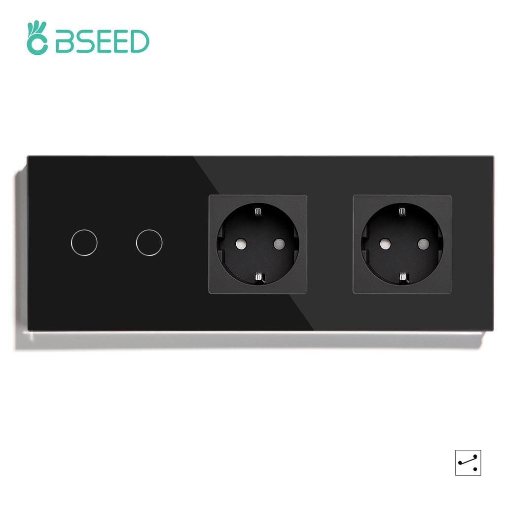 BSEED EU Standard 1/2/3Gang 2Way Wall Touch Switch Light Sensor Switches Wall Socket USB Type-C Crystal Glass Panel 240V Black