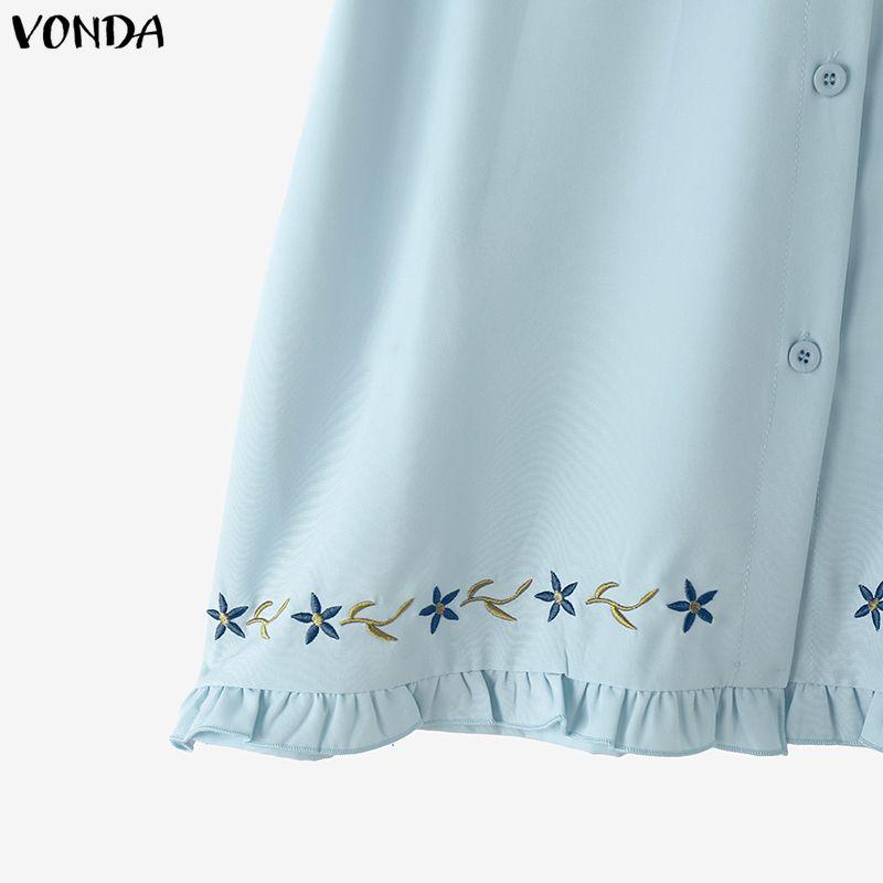 VONDA Women Casual Lapel Neck Short Sleeve Embroidery Cute Blouse