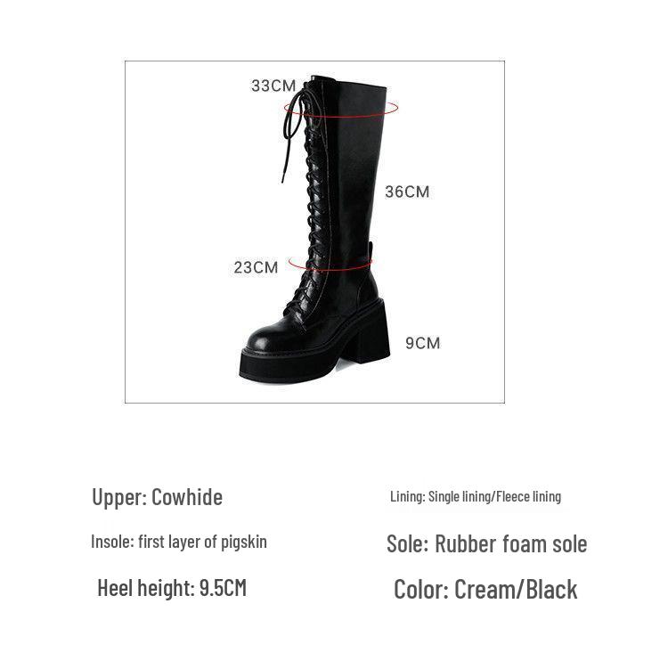 Women's White Lace-Up High-Heeled Martin Boots - British Style, Round-Toe, Thick-Soled, Side-Zip Knight Boots