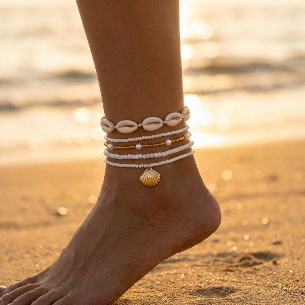 Summer Multilayer Stacked Rice Bead Ankle Chains For Women Boho Starfish Shell Conch Foot Chain Daily Beach Party Foot Jewelry