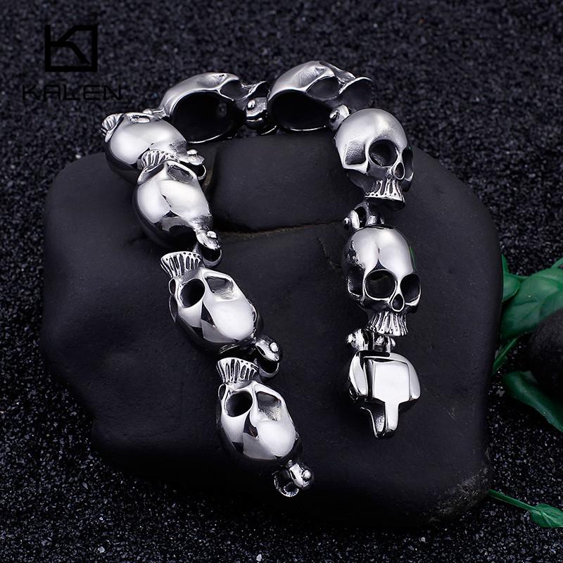 Punk Stainless Steel Lots of Skull Charm Bracelet for Men 20.5cm Metal Biker Party Jewelry Chunky Gothic Accessory
