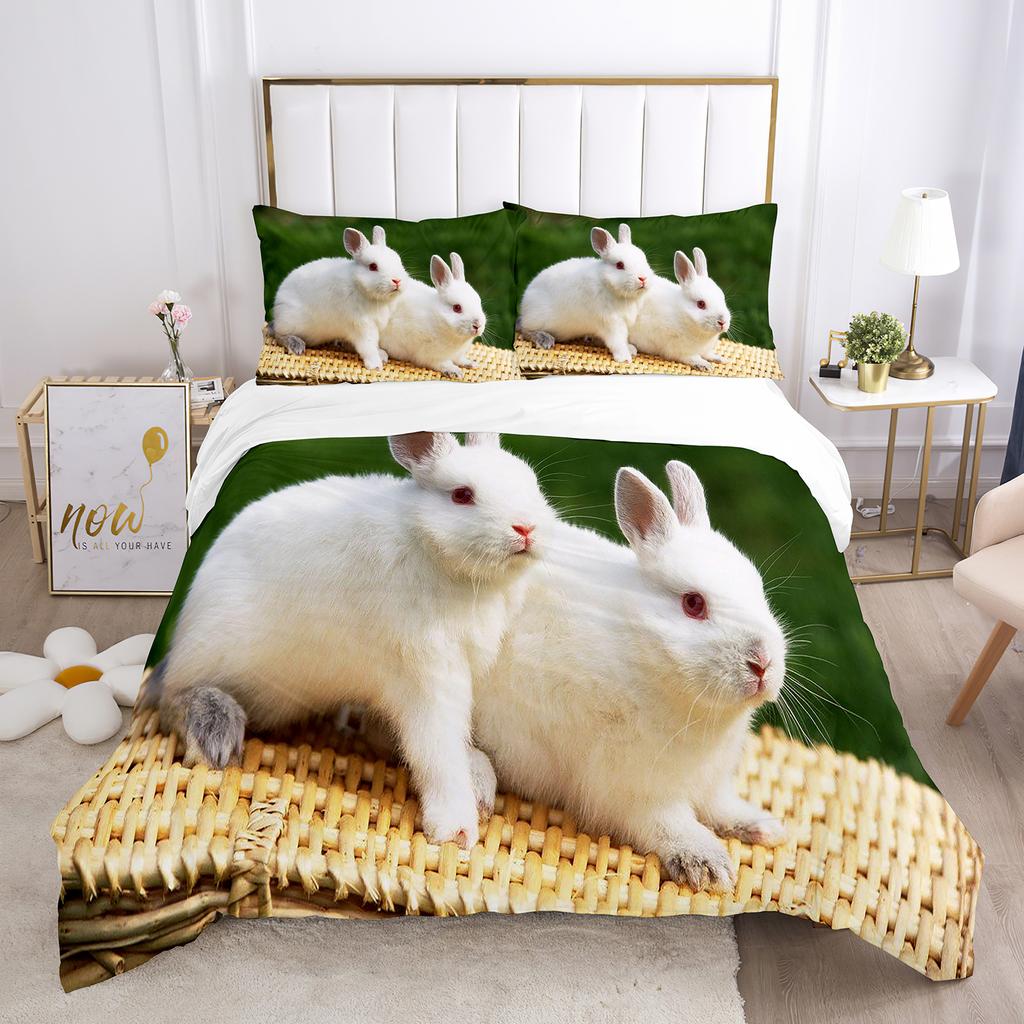 Rabbit Comforter Duvet Cover Set Lovely Little Rabbit Decor Bedding Set For Kid Girl Polyester Animal Theme King Comforter Cover