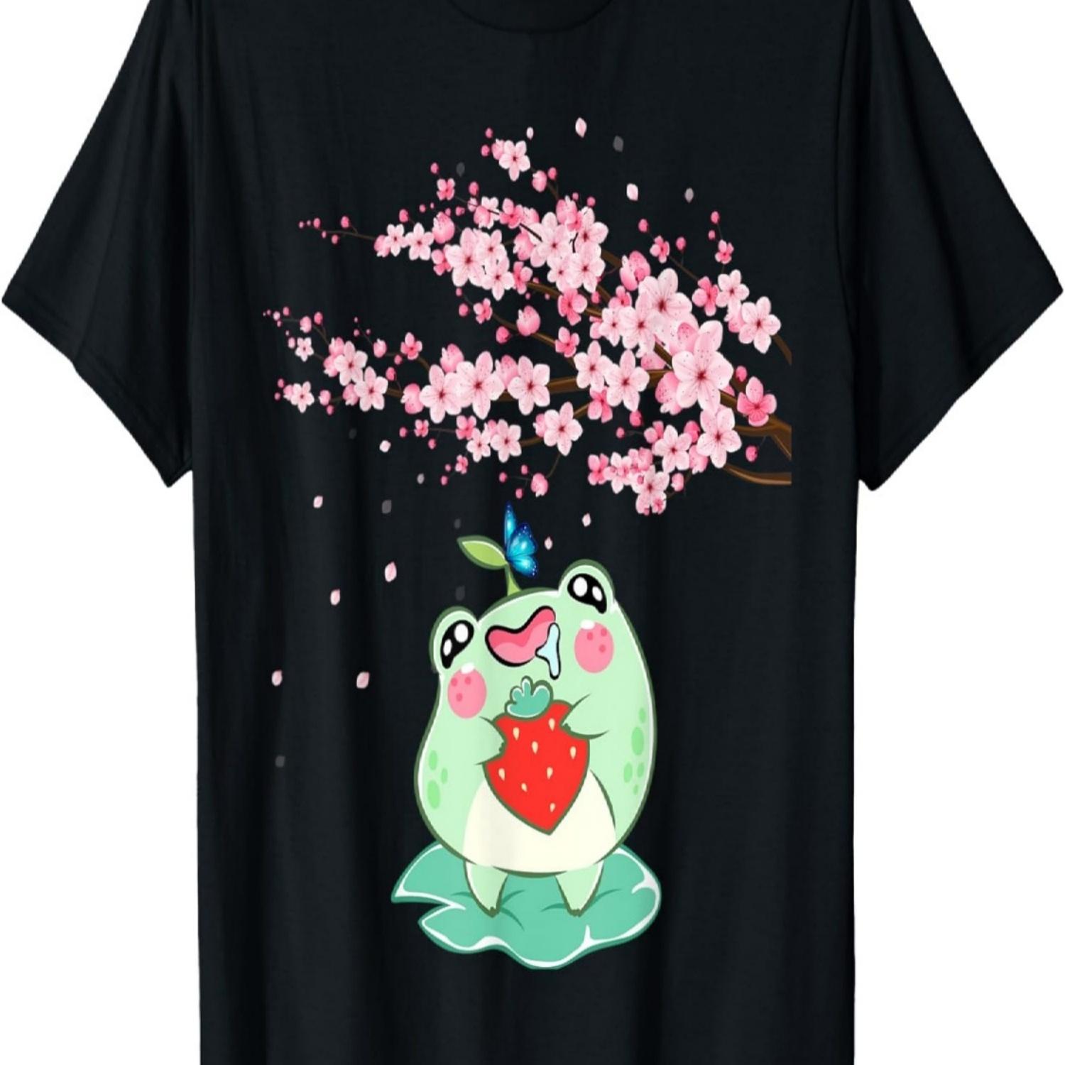 Cute Strawberry Frog Lover  Cherry Blossom Butterfly T-Shirt S чёрный