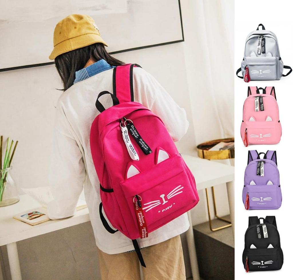 Blue Refrain Cat Ear Backpack for Large Perfect for and Girls Women, Canvas, Lightweight, Capacity, Students, School, Kids, (Black)