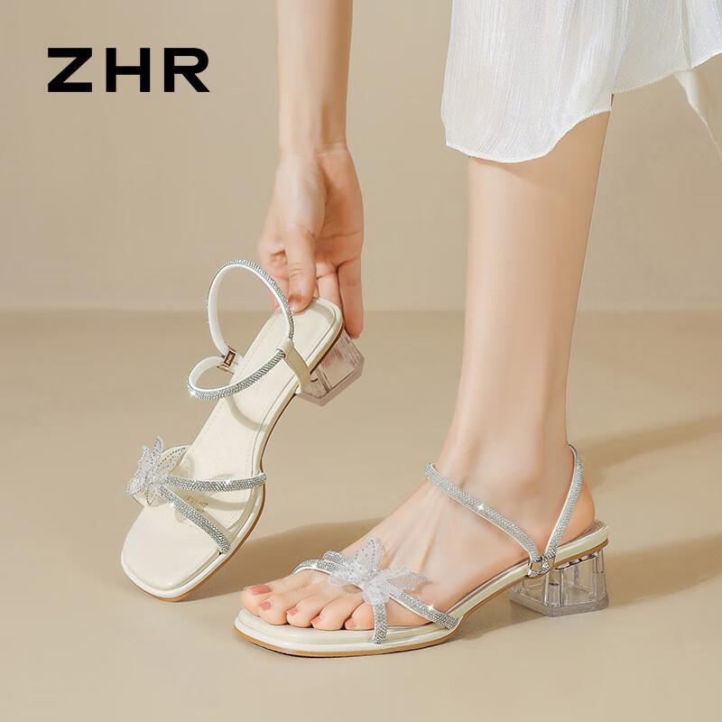 ZHR Women's Transparent Crystal Bow Chunky Heel Sandals