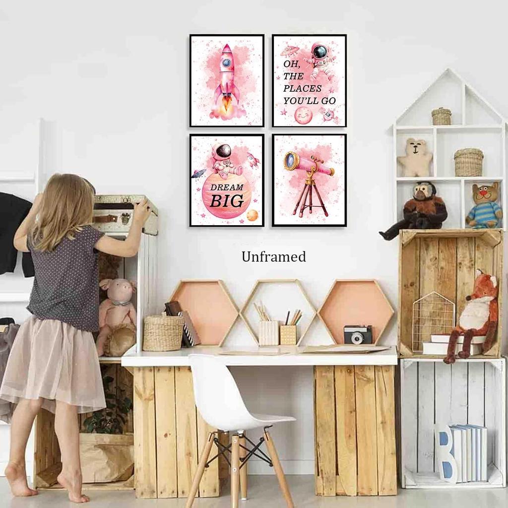 ZHAXFA Pink Outer Space Decor for Kids Room Girls Bedroom Watercolour Star Rocket Astronaut Posters Set Of 4 (8 x10 IN Unframed),Cute pirational Art