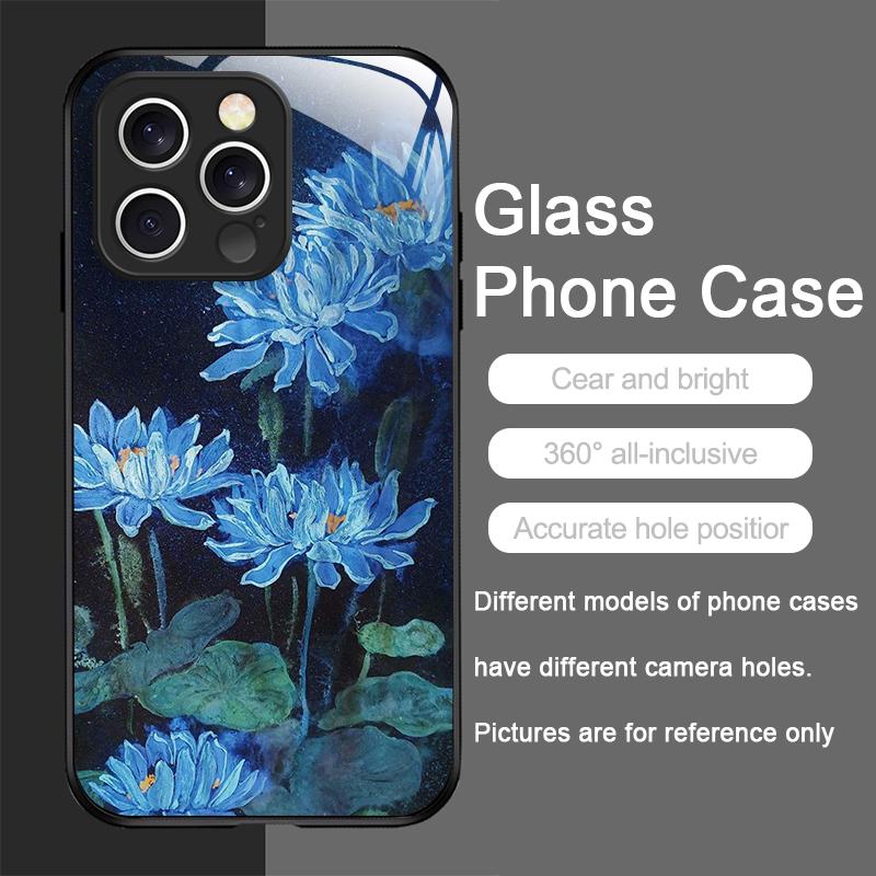 Retro Oil Painting Lotus Flowers Pattern Tempered Glass Phone Case for IPhone 17 16 Pro Max 15 14 Plus 13 12 Mini 11 XS XR Cover