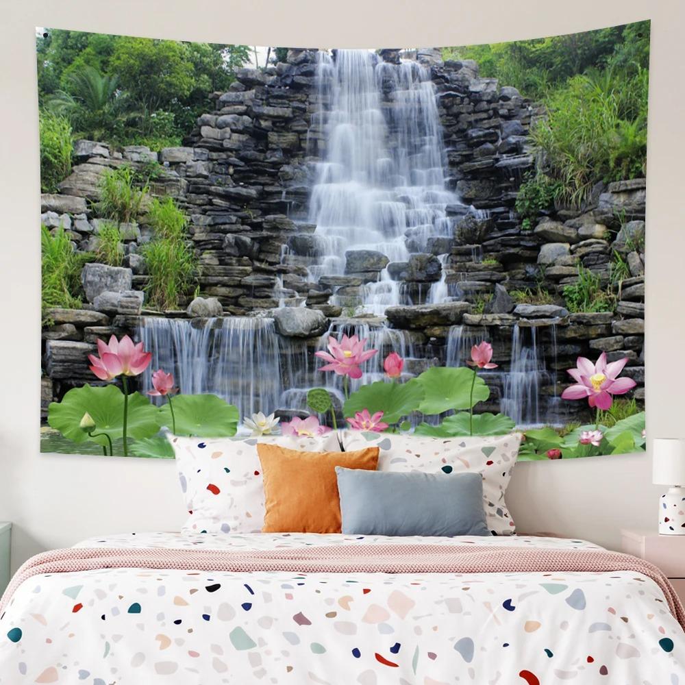 Lotus Forest Tapestry Bohemian Bedroom Waterfall Pattern Background Cloth Home Decor Living Room Wall Hanging Cloth