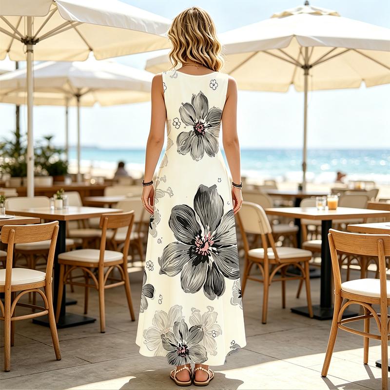 Floral Sleeveless Long Dress for Vacation Loose Fit Lightweight Elegant,Comfortable for Travel Photos & Daily Wear