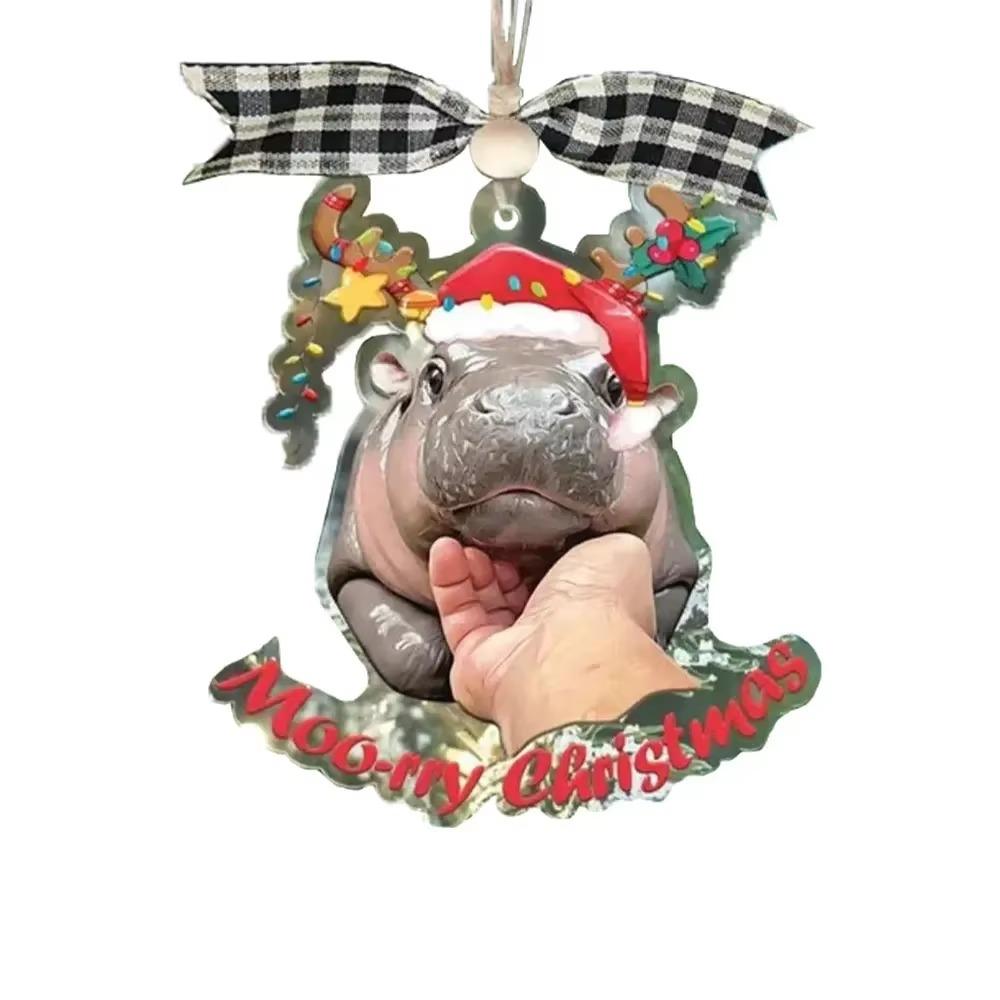 Cartoon Moo Deng Christmas Hippo Resin Figurine Pygmy Kawaii Xmas Tree Pendant Home Decoration Moo Deng Toy
