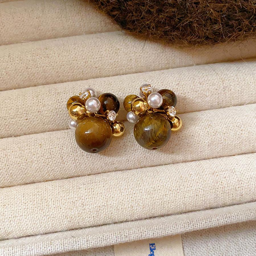 Silver Needle Tiger Eye Geometric Irregular Stud Earrings - Autumn Winter Retro Niche High-End Style.