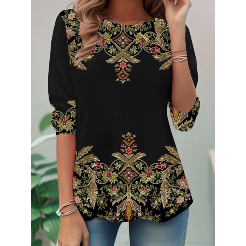Round Neck 3D Flower Geometry Pattern Printed Top Fashionable Casual Long Sleeved Women's T-shirts