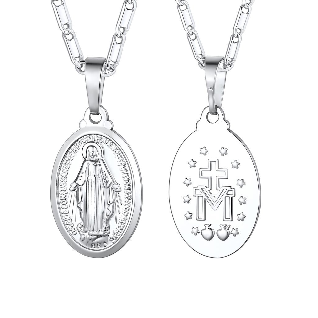 U7 Vigin Mary Necklaces 22" Chain 3D Embossed Vigin Mary Oval Coin Pendant Medallion Religious Christian Dainty Jewelry Gift