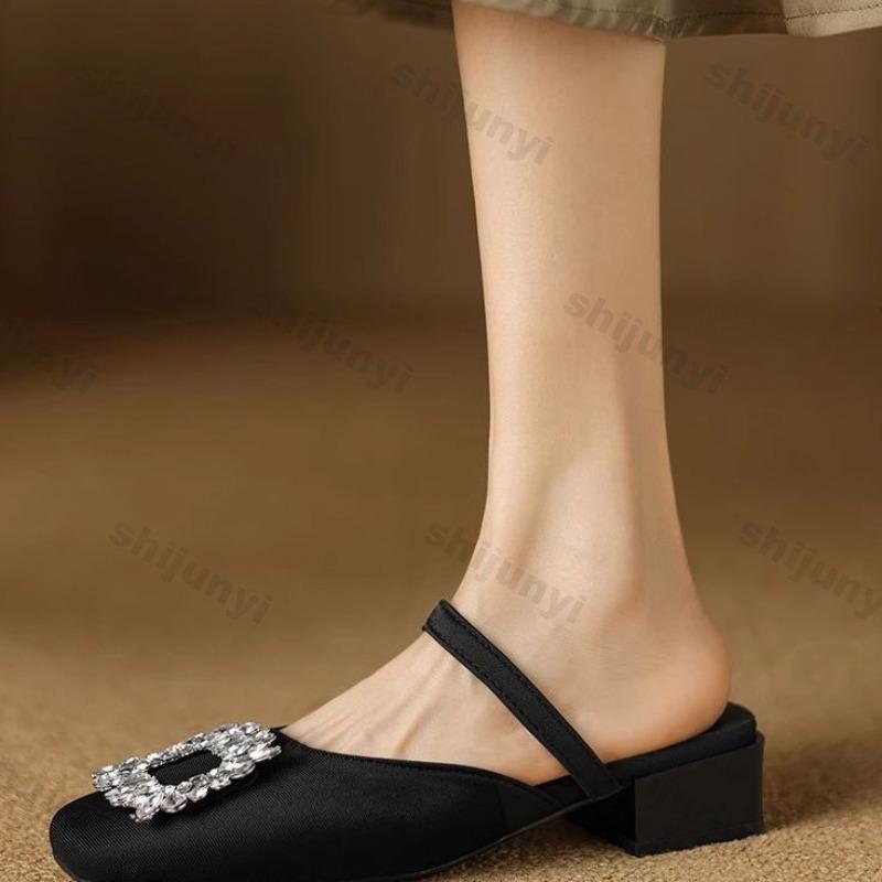 Summer Womens Slippers 2026 Rhinestone Square Toe Fashion Slippers Outdoor Anti Slip Mary Jane High-heel Slippers Zapatos Mujer