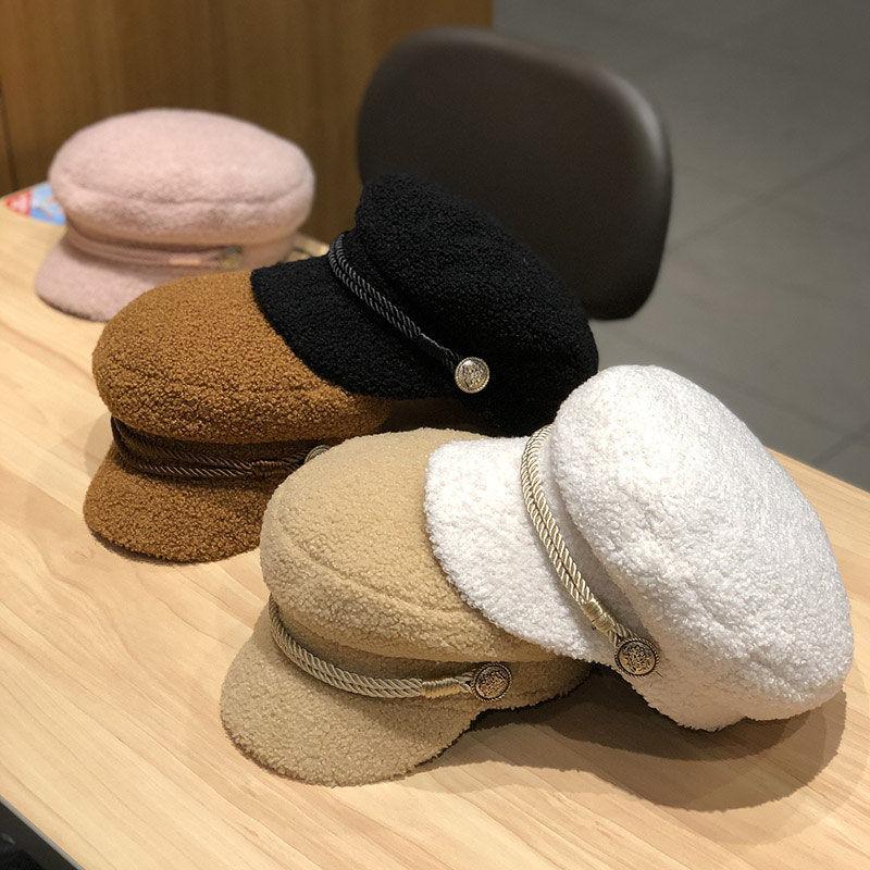 Autumn and Winter Lamb Wool Thickened Warm Flat Top Cap Painter Hat Women's Octagonal Hat