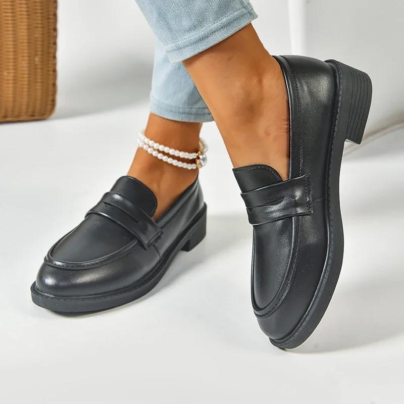 Fashion Women' S Fashion Pointed Toe Pu Leather Loafers Retro Thick Sole Square Pumps for Ladies 2025 Outwear Platform Shoes Mujer