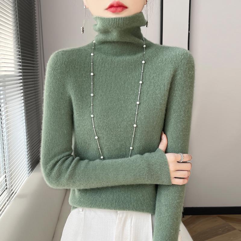 Women’s High Neck Wool Sweater 2025: Slim Fit, Pure Color, Fashionable Base Layer Knit.