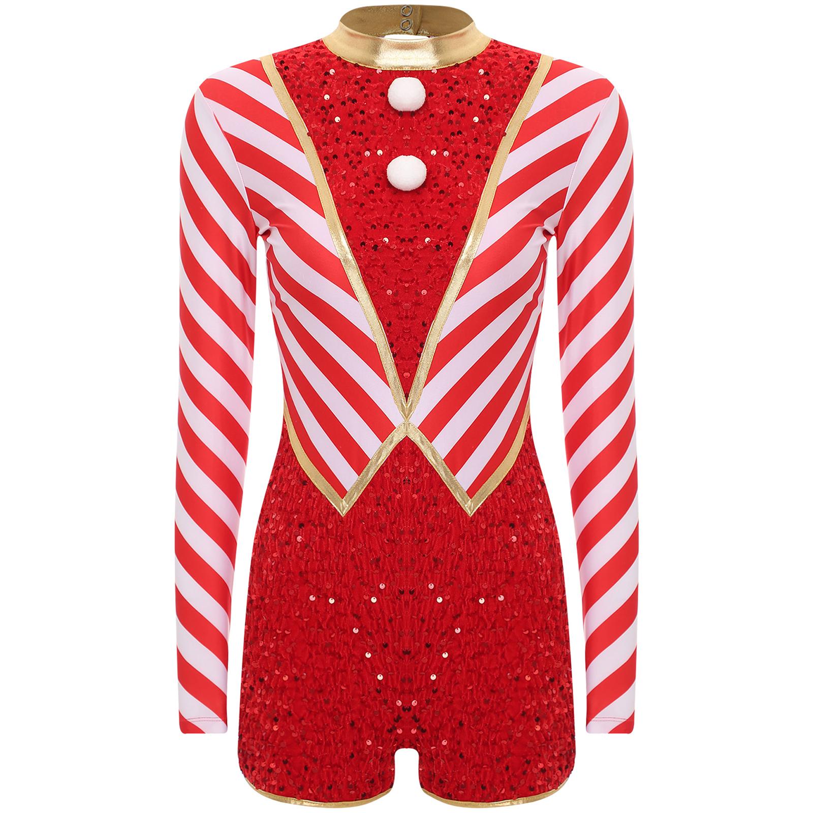 

Жіночий різдвяний комбінезон з довгим рукавом, смугастий, з паєтками та помпонами, дизайн, костюм цукеркової тростини для різдвяної вечірки S червоний